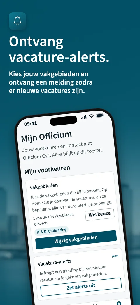 App Store-afbeelding van de Officium CVT-app: Ontvang vacature-alerts, met het scherm voor voorkeuren en alerts